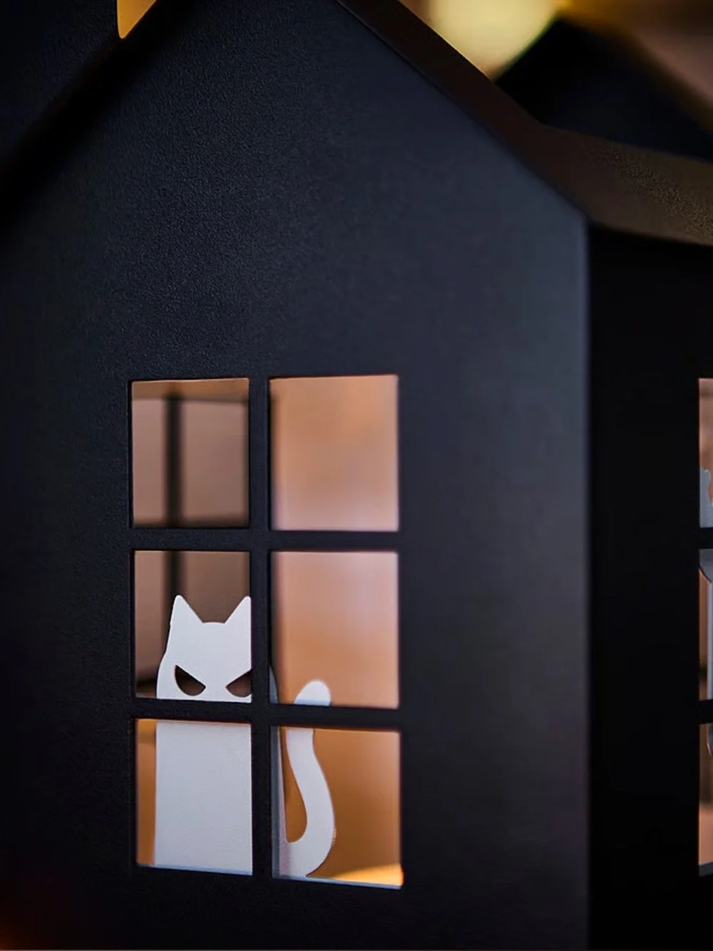 Black Decorative House Tealight Lantern with Cat & Ghost Accent